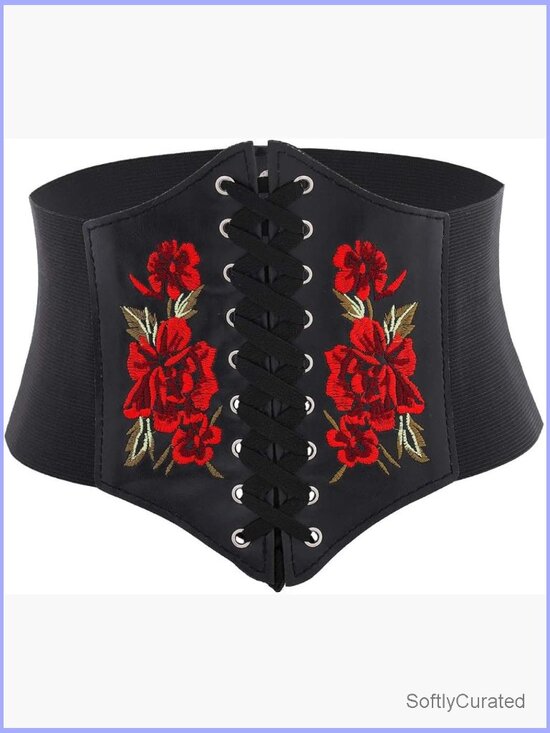 Wide Leather Corset Belt with Floral Embroidery, Adjustable Lace-Up Waist